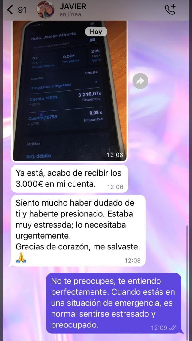 Javier – 3.000 € recibidos en cuenta